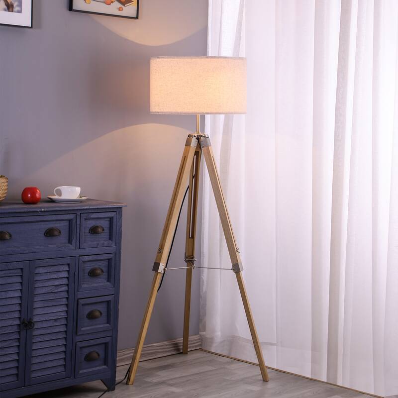 58 in. Modern Tripod Floor Lamp with Rubberwood Base and Linen KD Lampshade, Adjustable Height for Bedroom, Living Room