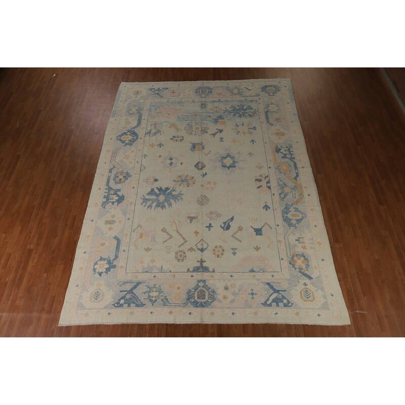 Hand Knotted Oriental 100% Wool Carpet Transitional All-Over Beige & Ivories Oushak Area Rug - 12' 8'' X 9' 6''
