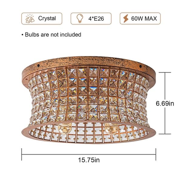 dimension image slide 1 of 2, 4/5-Light Glam Distressed Copper Crystal Flush Mount Ceiling Light