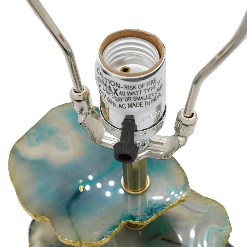 D15x29.5" Verdant Agate-Slice Table Lamp w/ Marble Base with a white drum shade and agate finial