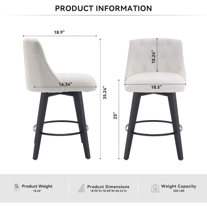 Modern Linen Swivel Bar Stools with Tufted Back,Wood Frame (Set of 2)
