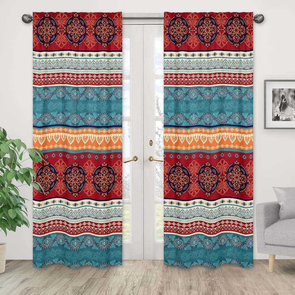 Sweet Jojo Designs Boho Chic Mandala 84in Window Treatment Curtain Panel Pair Red Bohemian Colorful Vintage Retro Tribal Luxury