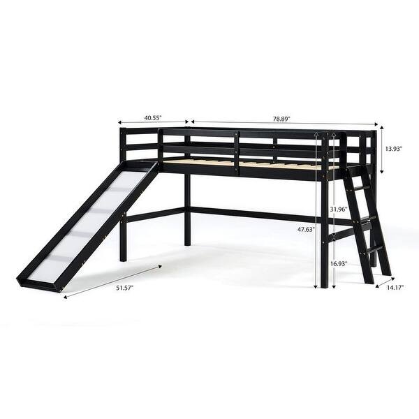 dimension image slide 1 of 2, Loft Bed with Slide, Twin, Space Saving Kids Low Loft Bed with Guardrail and Ladder