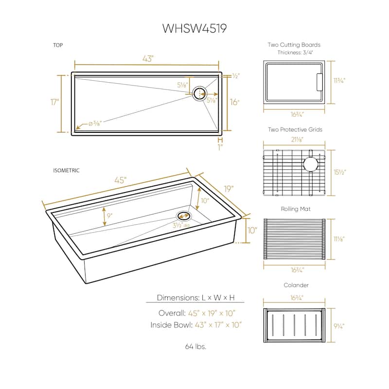 Whitehaus Undermount Single Bowl 16 Gauge Brushed Stainless Steel Workstation Sink With Accessories