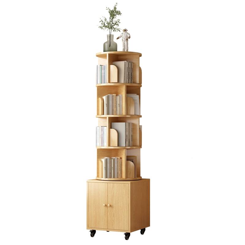 360 Degree Display 5 Tier Corner Bookshelf with Drawer, Floor Standing Bookcase Storage Rack, Wood Narrow Book Shelf Organizer