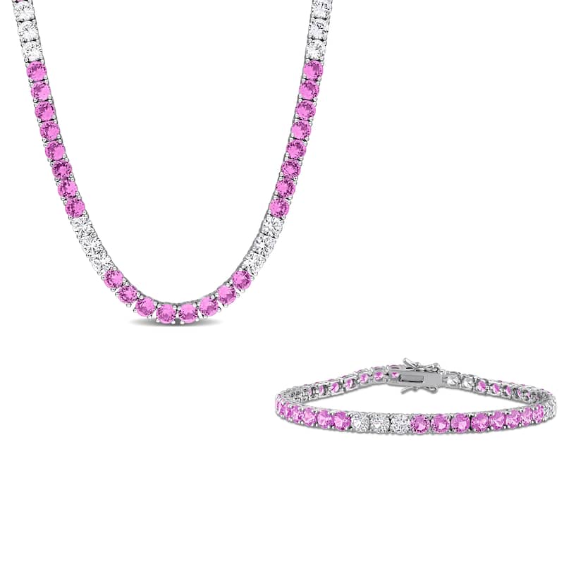 Miadora Sterling Silver Gemstone Tennis Bracelet and Necklace Set - Pink