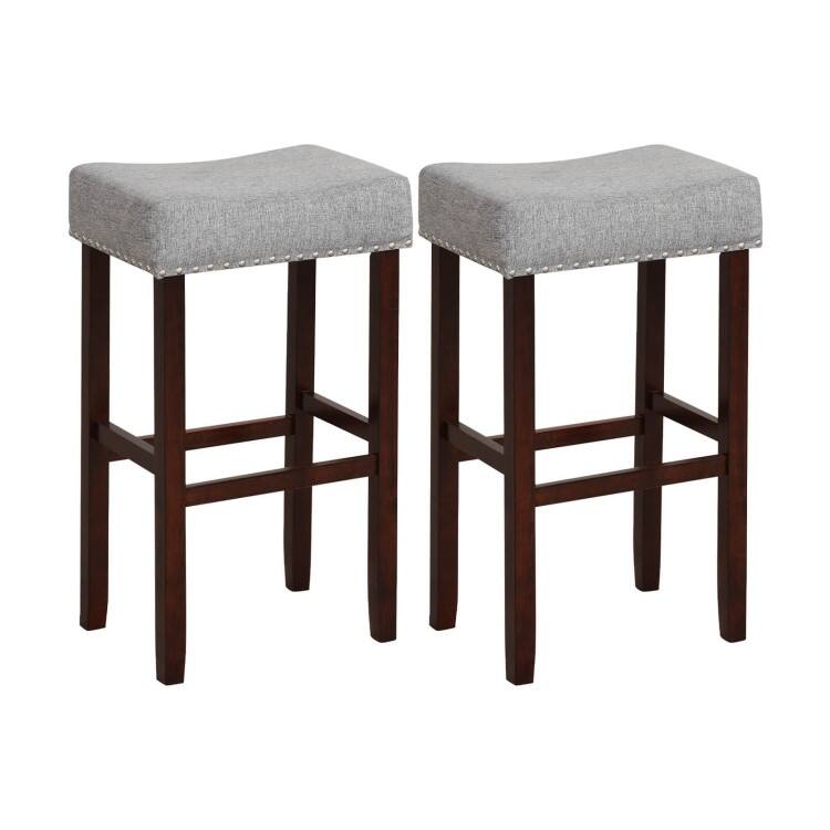 2 Set of 29 Inch Height Upholstered Bar Stool with Solid Rubber Wood Legs and Footrest - 17" x 13" x 29.5" (L x W x H) - Grey