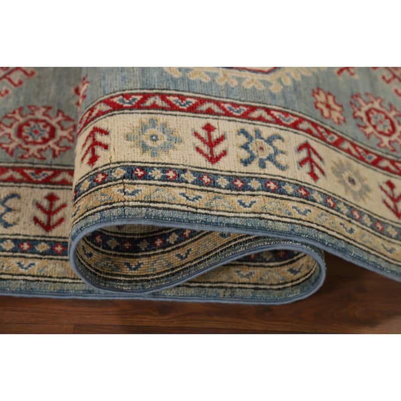 Light Blue Kazak Runner Rug Hand-Knotted Geometric Wool Carpet - 2'7" x 13'1"