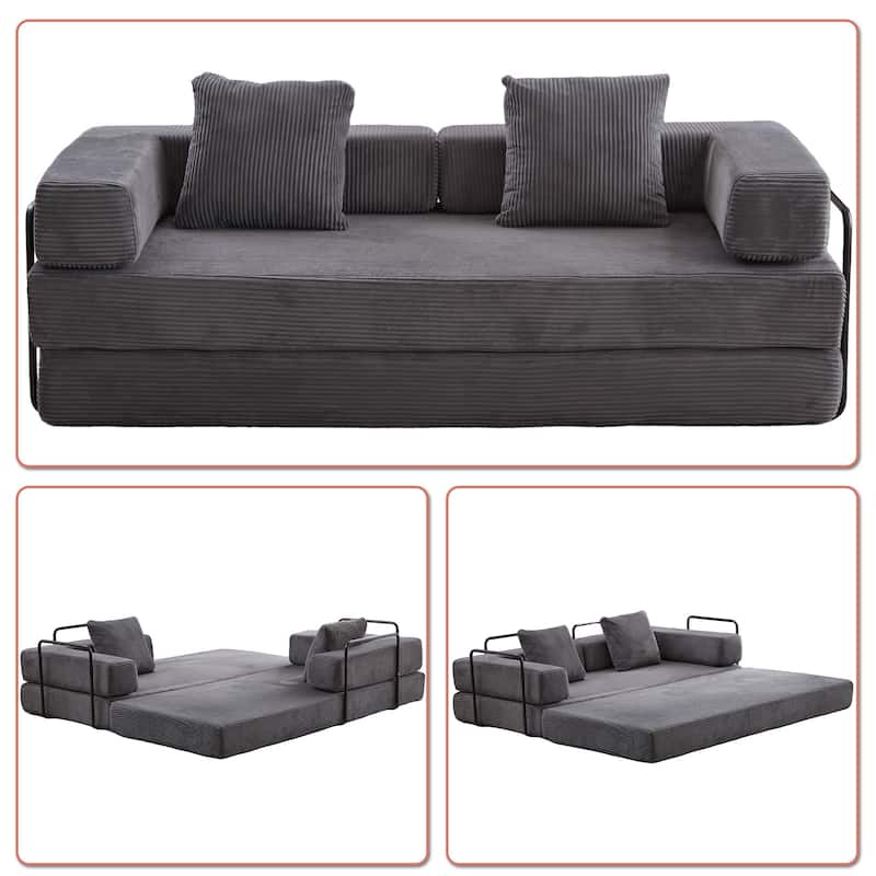 Modern Minimalist Compressed Upholstered Convertible Two-Seater Sofa Bed with External Metal Frame