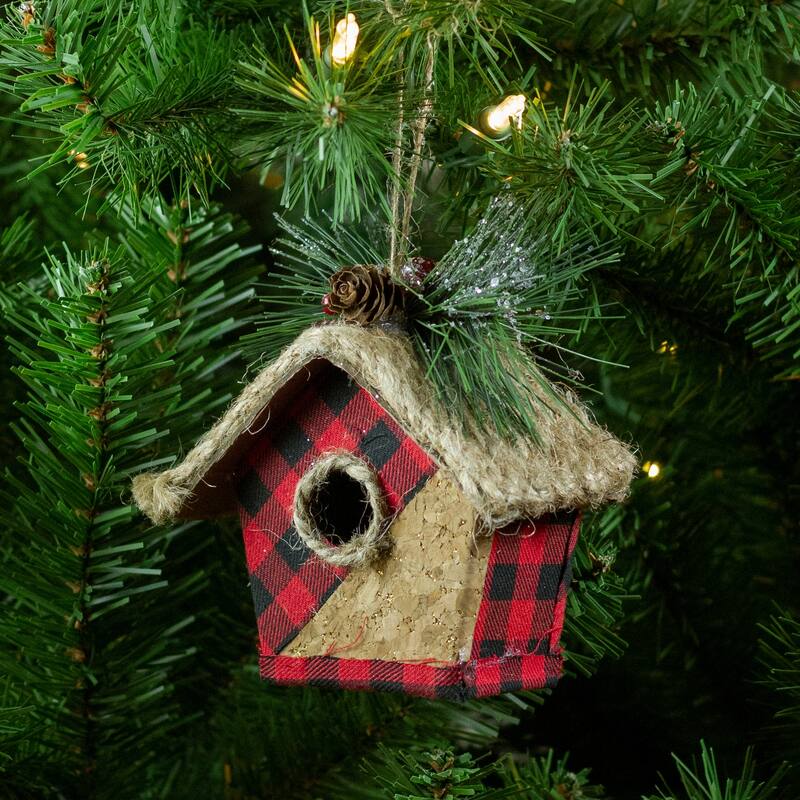 5.75" Red Black Buffalo Plaid Hanging Bird House Christmas Ornament