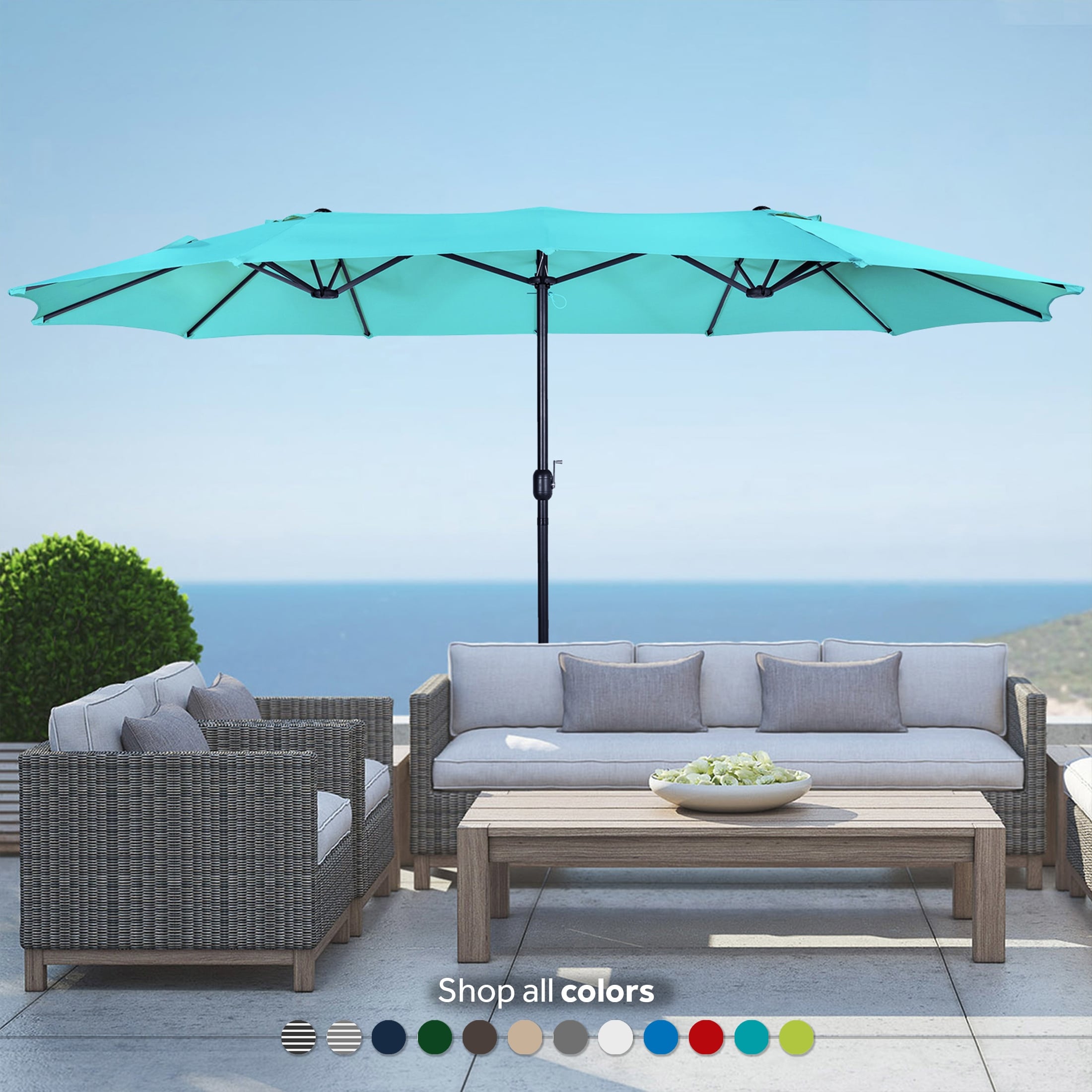 iwicker 15 ft double-sided patio umbrella 15FT with Umbrella Base and 2 Sandbags W x 35 in ANGELES HOME 10-Piece Patio Wicker