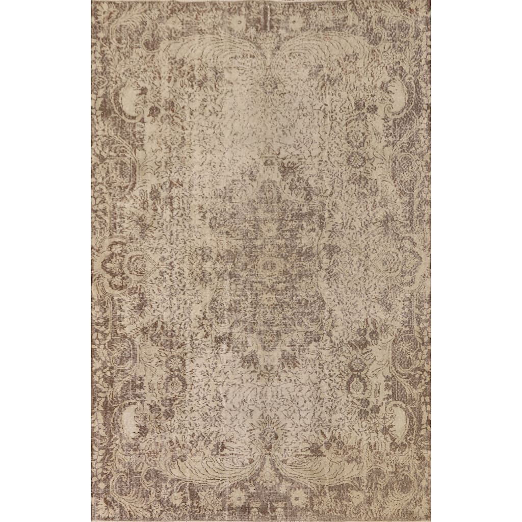 Distressed Anatolian Turkish Vintage Rug Handmade Beige Wool Carpet - 6'6" x 9'8"