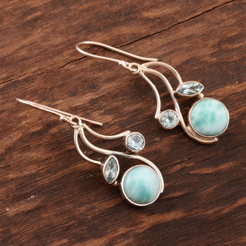 NOVICA Triple Fascination, Larimar and blue topaz dangle earrings - 1.6*0.6