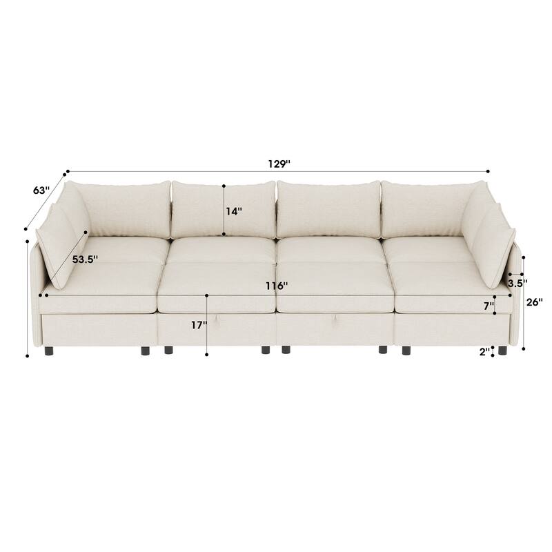Oversized Modular Sectional Sofa Bed Convertible Sleeper Sofa Set 8-seat Daybed with 2 Storage Ottomans and Chaise Lounge