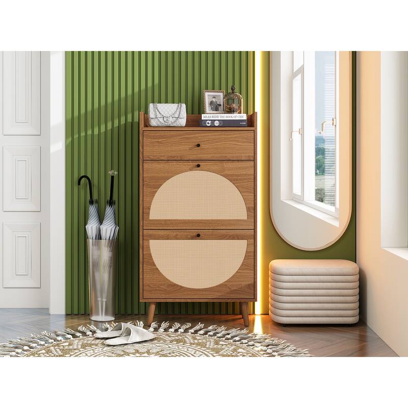 Entryway Shoe Storage Cabinet, Freestanding Rattan Shoe Rack, Shoe Organizer with 2 Flip Drawers & 1 Pull-Out drawer