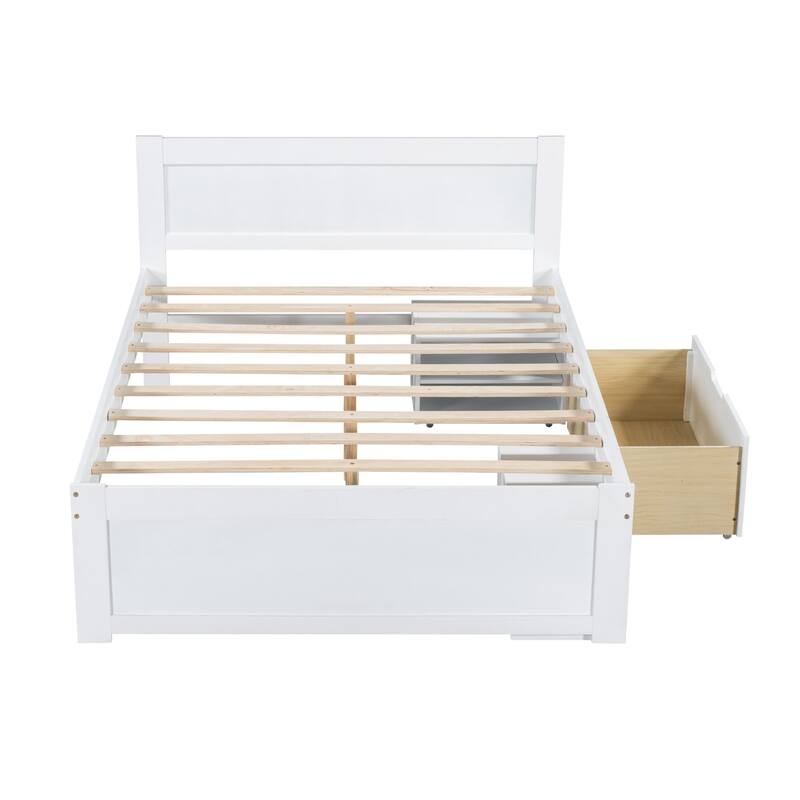Platform bed with drawers and two shelves