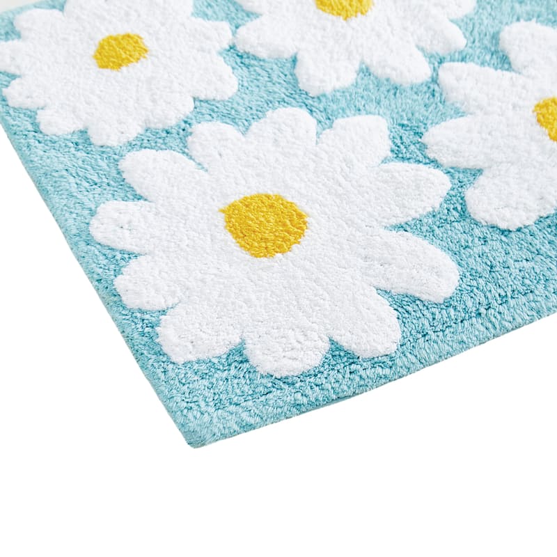 Jessica Simpson Cotton Bath Rug 20"x32", "Fun Daisies" White/Teal