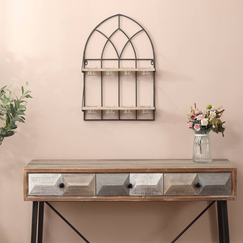 Brown and Black Cathedral Iron Window with 8 Tealight Holders Wall Sconce