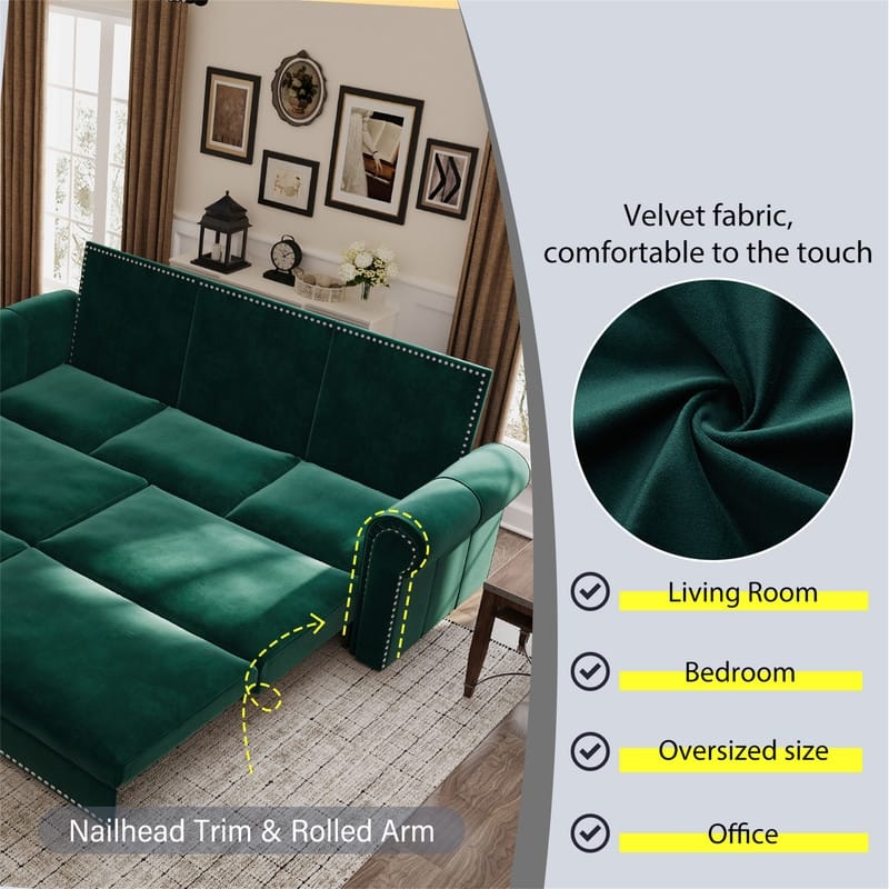 3-in-1 King Pull Out Sofa Bed Chesterfield Sofa, Velvet/Faux Leather Convertible Sleeper Sofa with Nailhead Trim & Rolled Arm