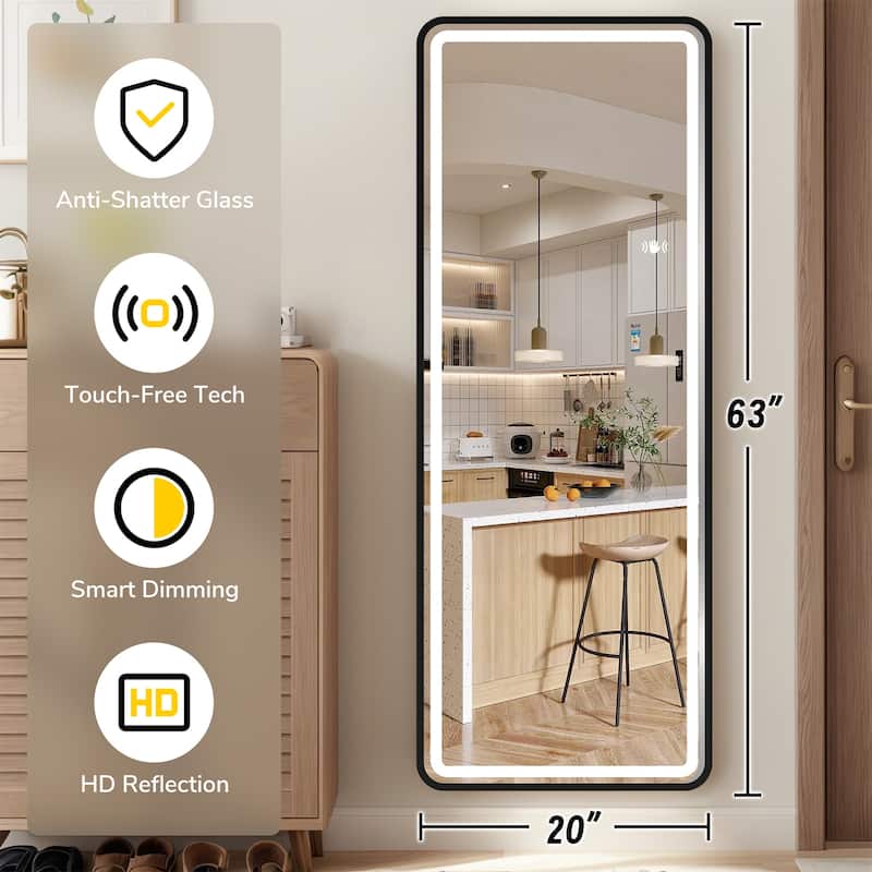 Full Length Floor Mirror with LED Light - Touch Control,Wall Mounted Bedroom Mirror for Adjustable Lighting