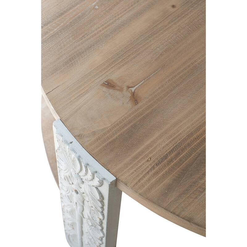 Round Wooden Coffee Table with Natural Brown Finish, Carved White Legs, and Lower Storage Shelf