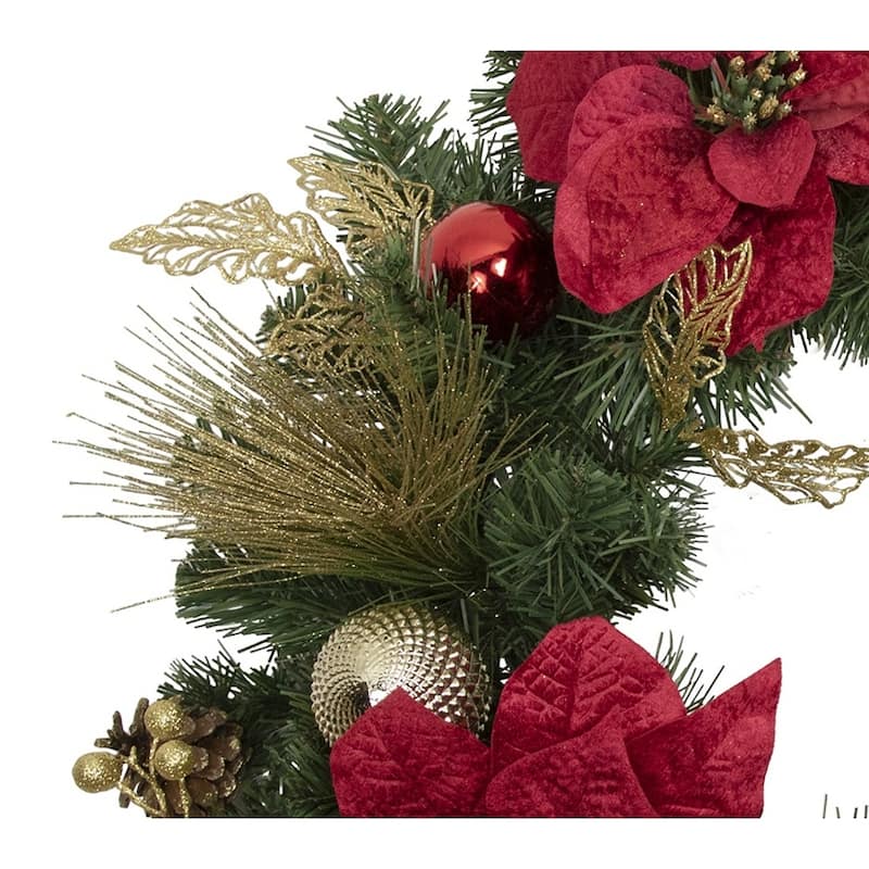 Poinsettias and Ball Ornaments Artificial Christmas Wreath - 24-Inch Unlit - 24"