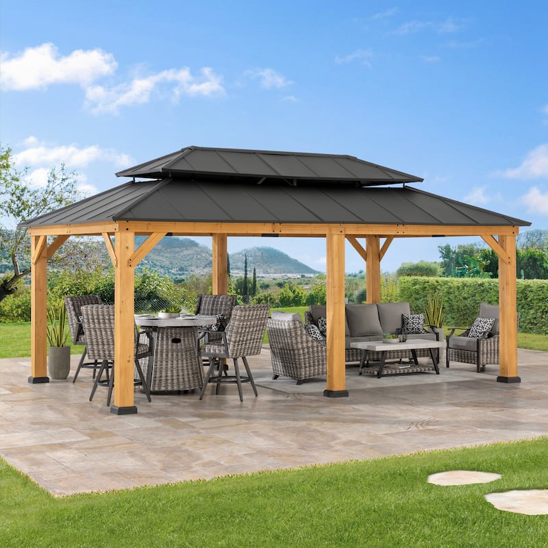 Sunjoy Outdoor Cedar Wood Frame Patio Gazebo Steel Hardtop