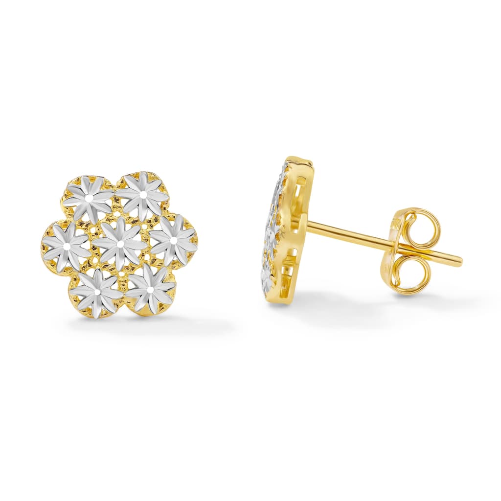 Clover 14K Two-Tone Gold Diamond-Cut Floral Stud Earrings