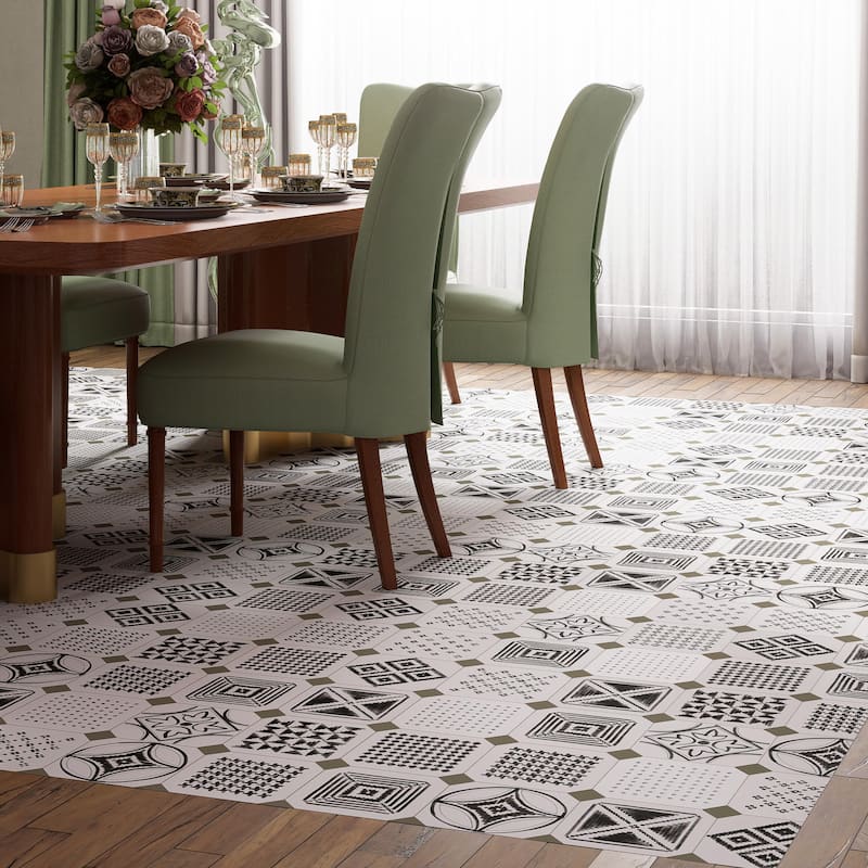 Merola Tile Vaudeville Octagon Deco Sombra with Taco Oliva 7-7/8" x 7-7/8" Porcelain Floor and Wall Tile