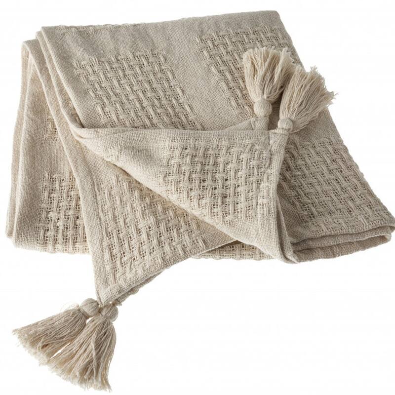 HomeRoots 50" X 60" Cream Cotton Woven Throw Blanket with Tassels