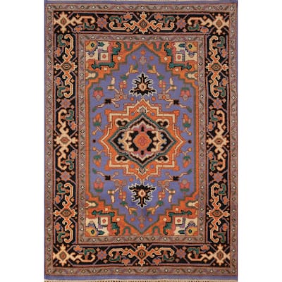 Geometric Heriz Serapi Oriental Rug Handmade Blue Wool Carpet - 3'11"x 5'10"