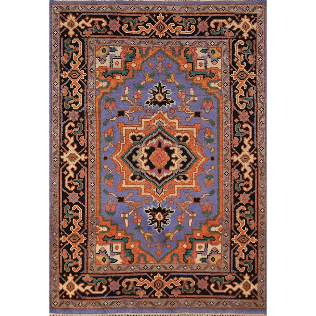 Geometric Heriz Serapi Oriental Rug Handmade Blue Wool Carpet - 3'11"x 5'10"