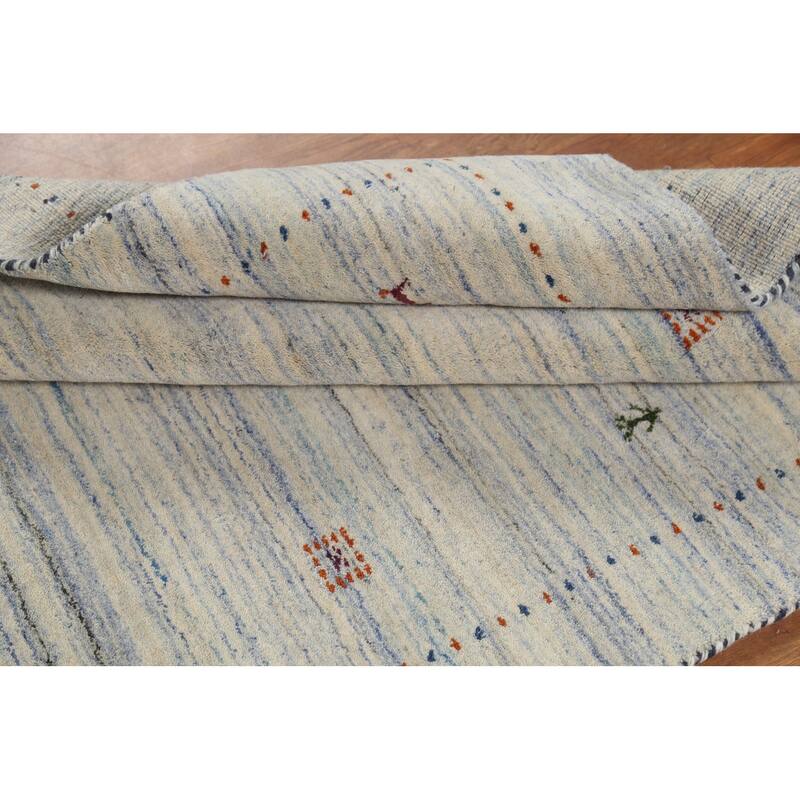 Ivory & Blue Striped Gabbeh Accent Rug Hand-Knotted Wool Carpet - 4'0"x 5'9"
