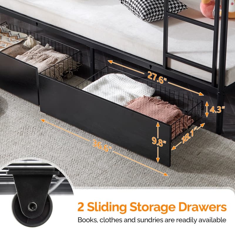 Black Twin Bunk Bed with Drawers Outlet Light Strip Iron Bed USA