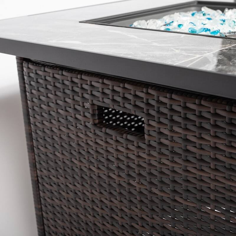 30" Propane Gas Fire Pit Table, 50000 BTU Square Fire Pit, Tile Tabletop with Beautiful Wicker Base