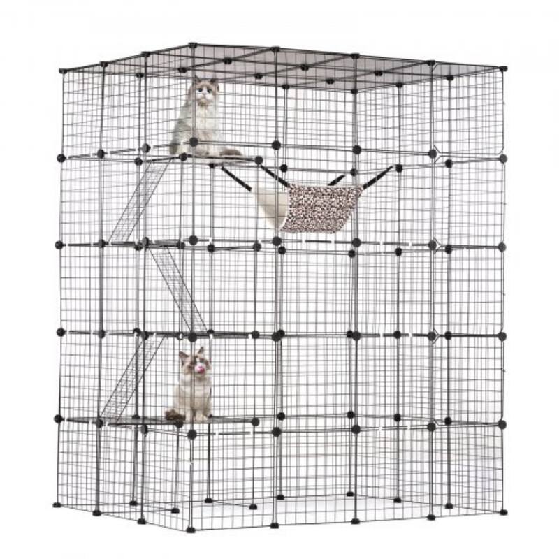 Black 2-Tier Cat Cage with 3 Doors Steel Wire Ramp, Spacious & Sturdy