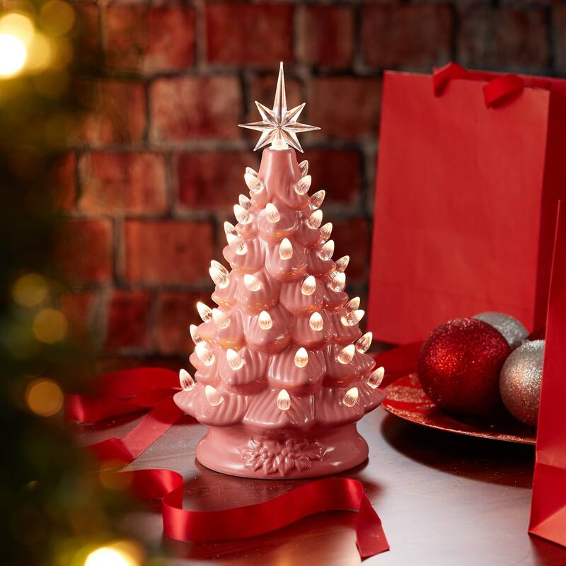 12in Hand Painted Ceramic Christmas Tree PreLit Tree with Star