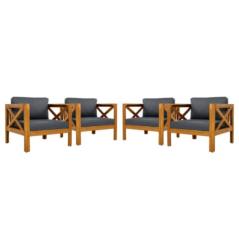 Outdoor Acacia Wood Club Wooden Armchair with Cushions ， Conversation Set,Teak Finish,Beige Cushion set of 2