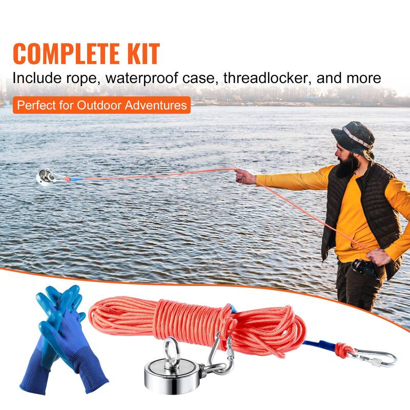 Magnet Fishing Kit Grappling Hook, Waterproof Case, Gloves, Threadlocker, Eye Bolt - 1200lbs 2.95inch