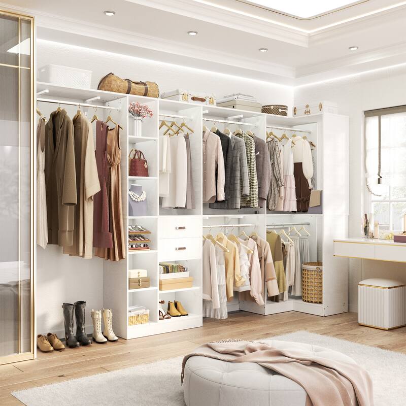 Rackcog 63’‘ - 127.5'' Closet System with Hanging Rods, Set of 2 Corner Closet Organizer with Drawers and Shelves