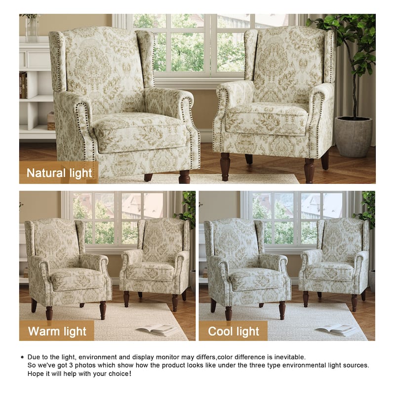 2 Set Transitional Patterned Wingback Accent Chairs with NailHead