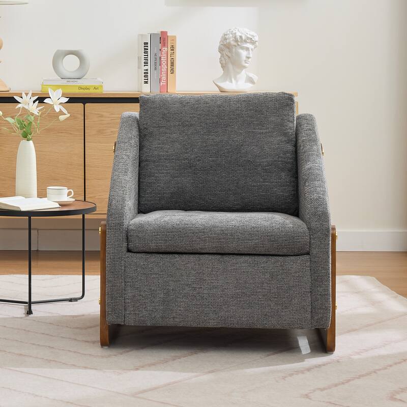 Modern Chenille Upholstered Armchair with Wooden Side Frame, Single Accent Leisure Chair with Backrest for Living Room, Bedroom
