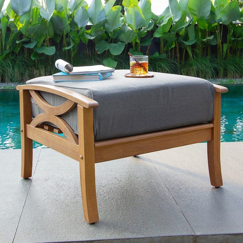 Cambridge Casual Lowell Teak Patio Ottoman with Cushion - Natural Teak/Gray Cushion