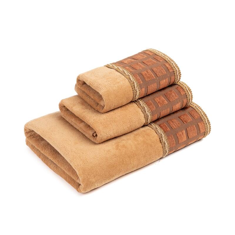 Sherry Kline Inhibit Gold 3-piece Decorative Towel Set, Jacquard Fabric Band, double row of gimp braid 1 Bath Hand & Tip Towel