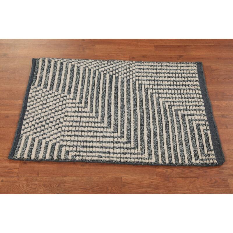 Striped Moroccan Modern Foyer Rug Handmade Beige Wool Carpet - 2'0"x 3'0"