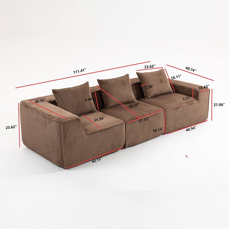 Modular Sectional Sofa with Pillows, Corduroy Upholstered 3-Seater Sofa, All-Compressed Foam Sofa for Living Room, Apartment