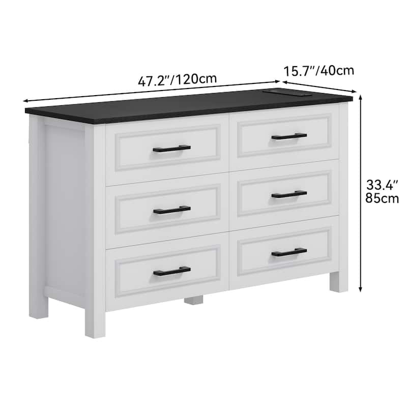 6-drawer Wood White Dresser with Built-in Power Outlet