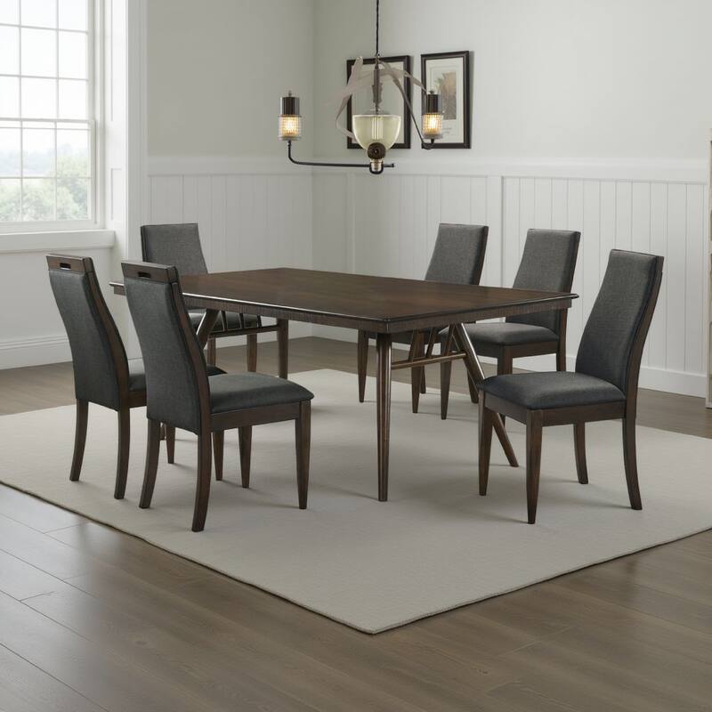 Oss 7pc Dining Table and 6 Chair Set, Fluted Apron, Gray, Walnut Brown