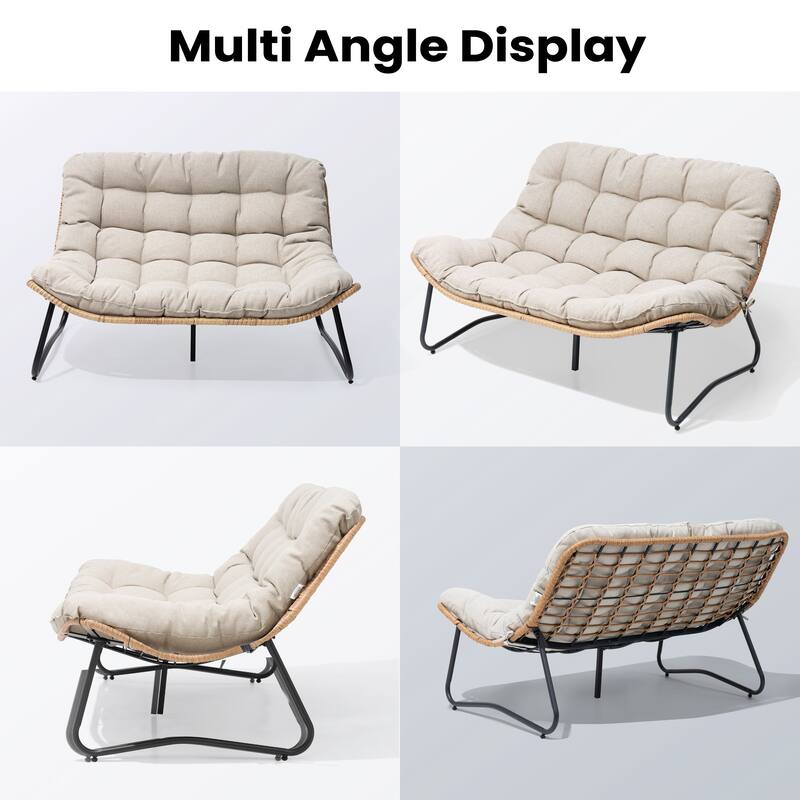 Double Papasan PE Rattan Chair Loveseat with Cushion For Indoor Outdoor