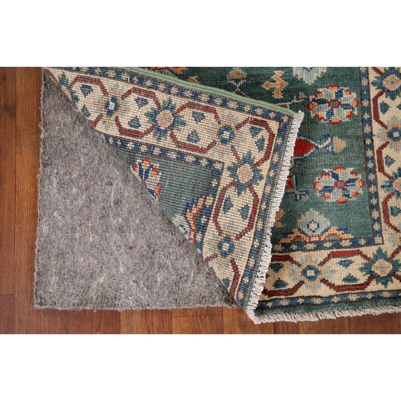 Geometric Green Kazak Oriental Runner Rug Hand-Knotted Wool Carpet - 2'3" x 5'11"